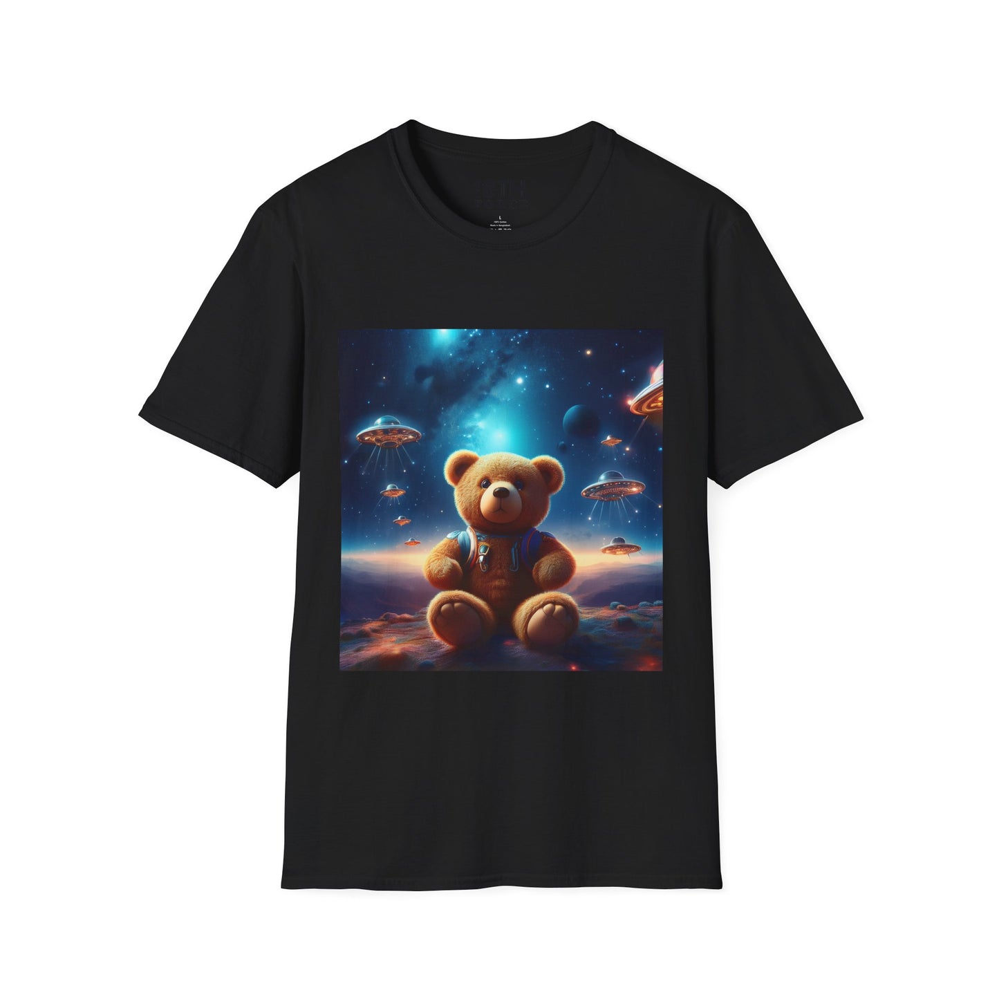 Cosmic Teddy Bear Unisex Softstyle T-Shirt - Fun Space Graphic Tee