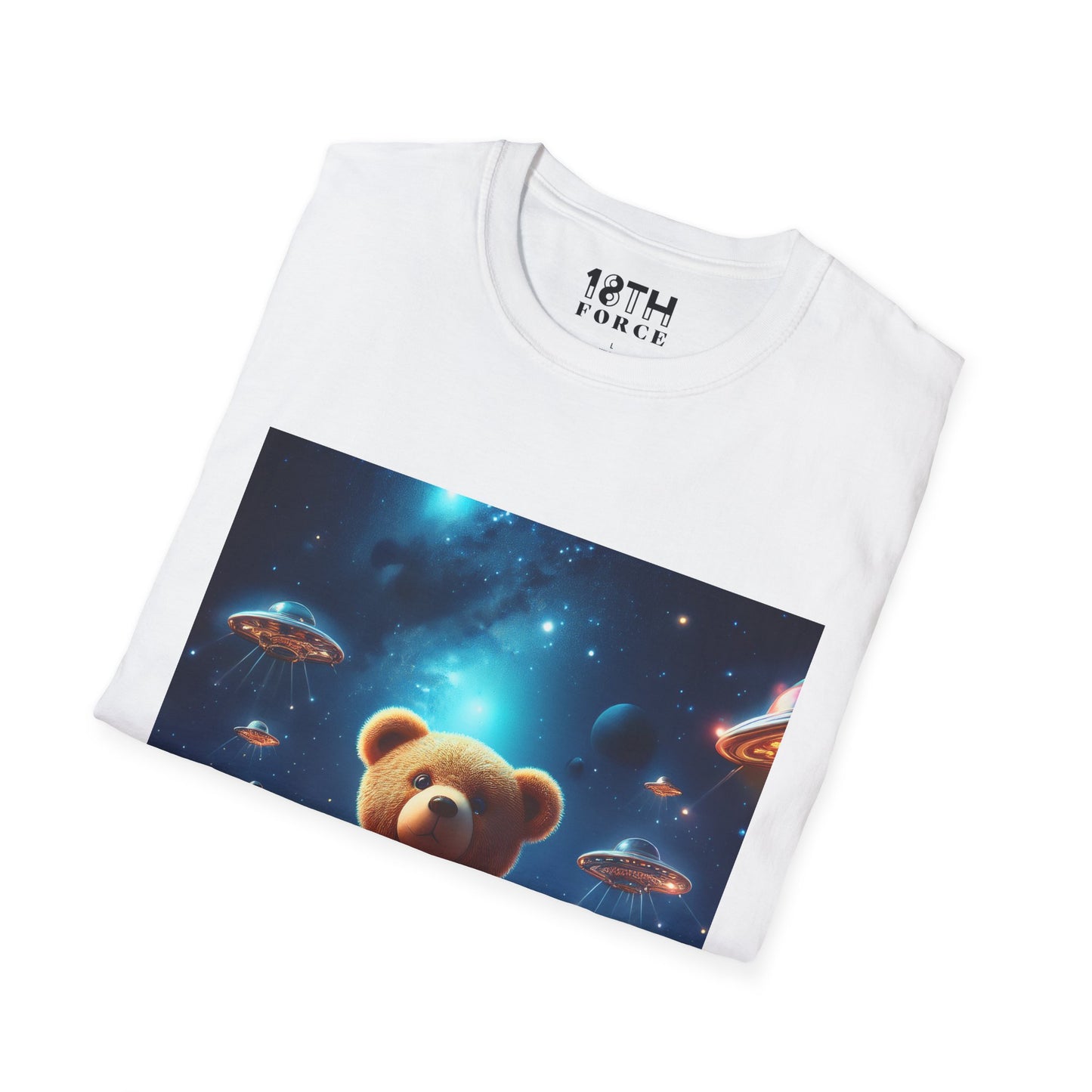 Cosmic Teddy Bear Unisex Softstyle T-Shirt - Fun Space Graphic Tee