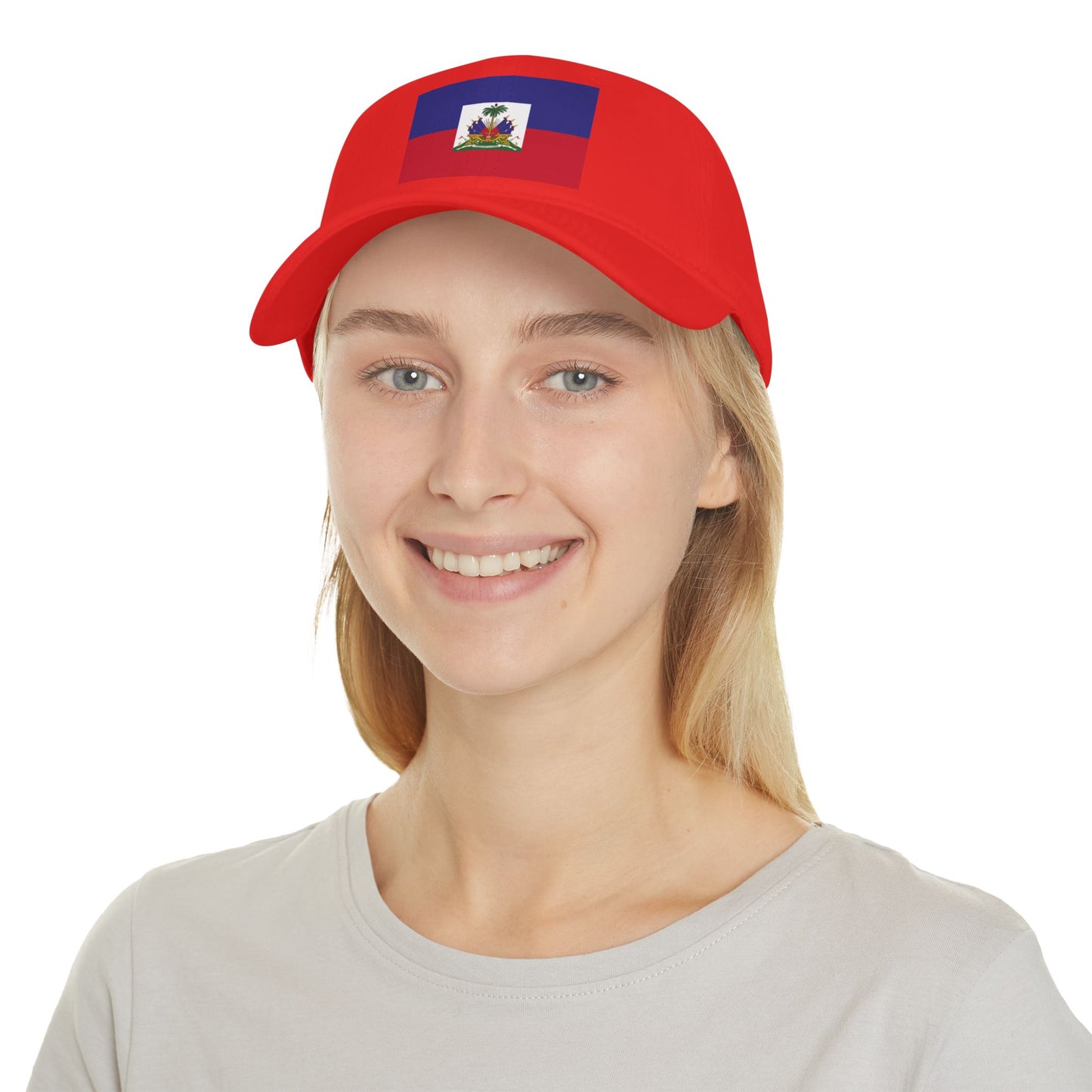 Patriotic Red Low Profile Baseball Cap with Haitian Flag