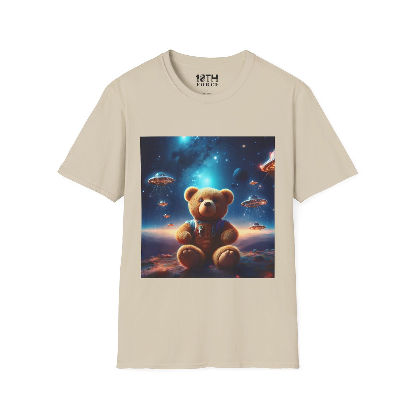 Cosmic Teddy Bear Unisex Softstyle T-Shirt - Fun Space Graphic Tee