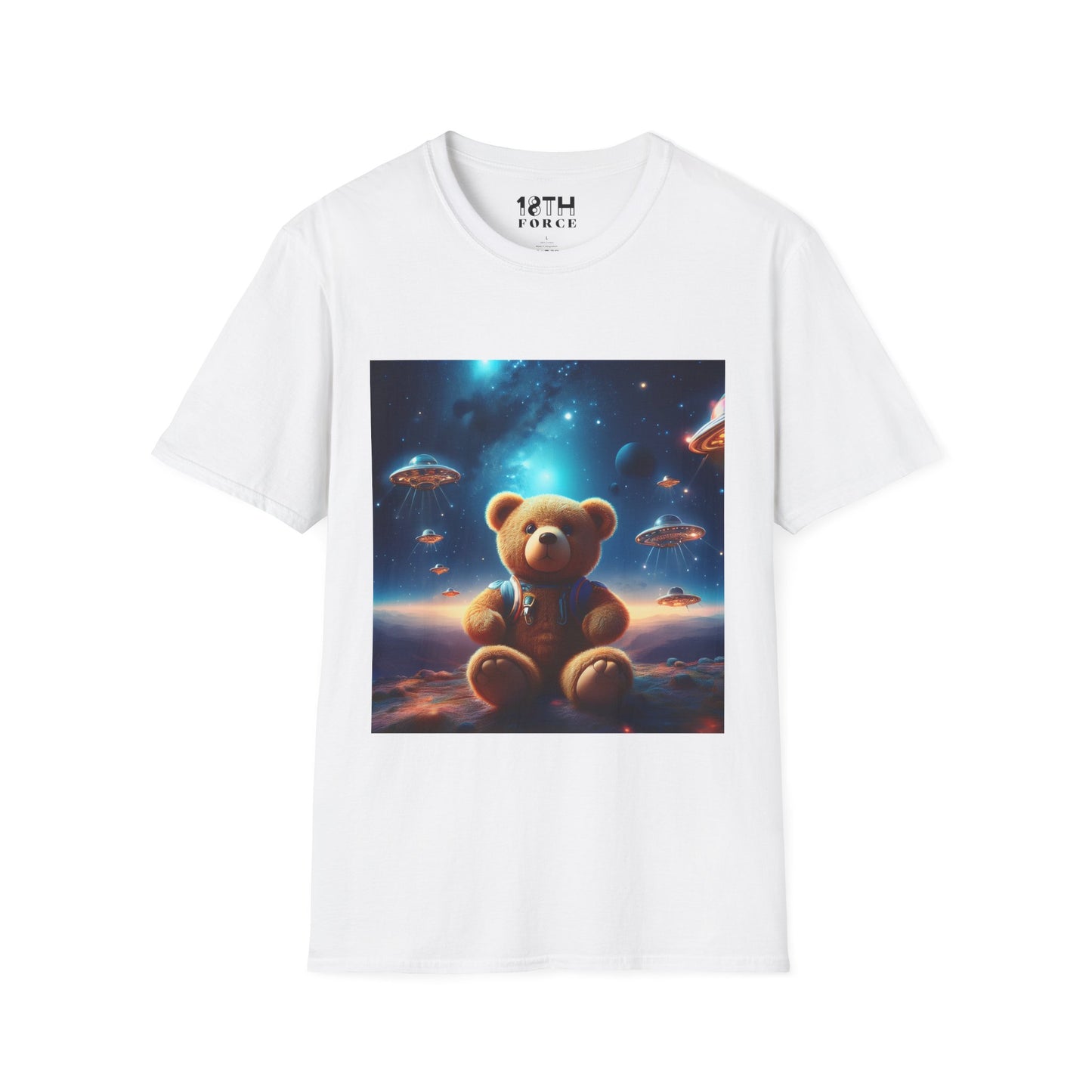 Cosmic Teddy Bear Unisex Softstyle T-Shirt - Fun Space Graphic Tee