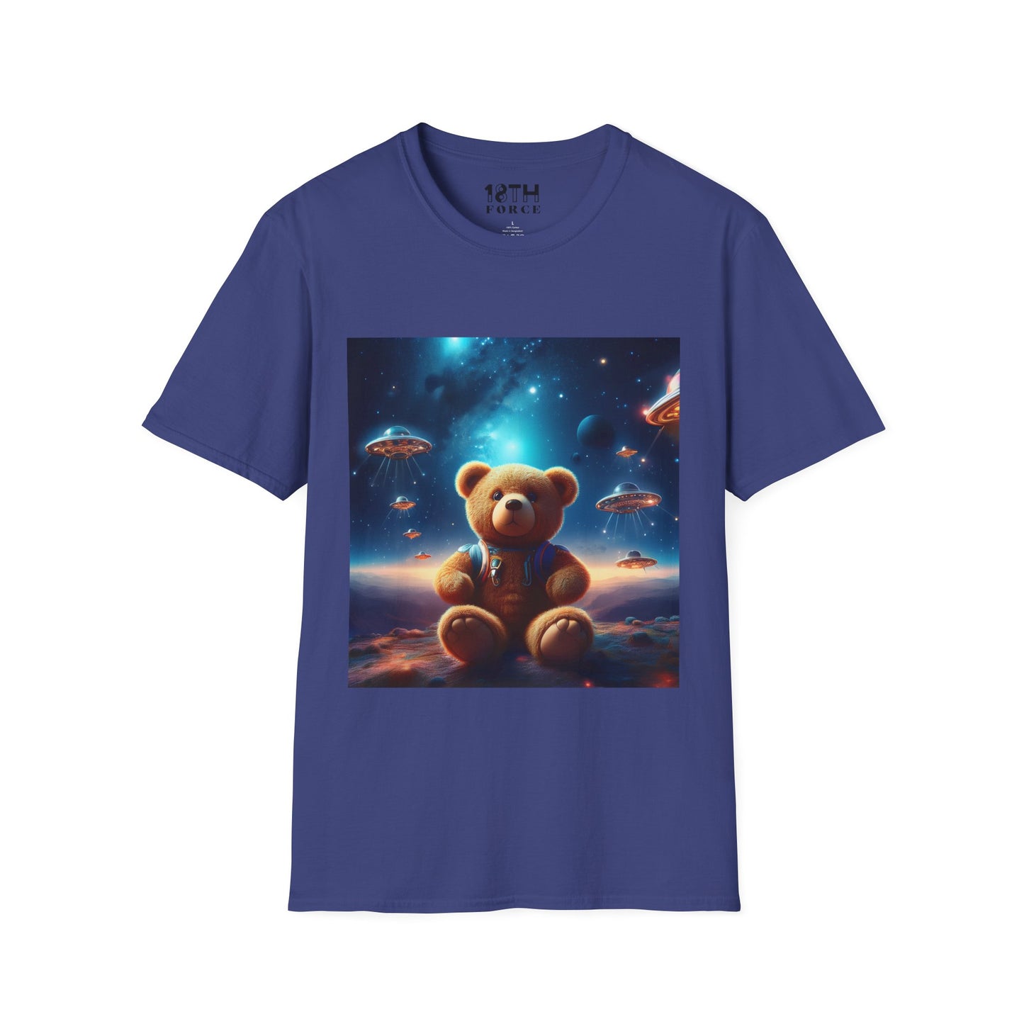 Cosmic Teddy Bear Unisex Softstyle T-Shirt - Fun Space Graphic Tee